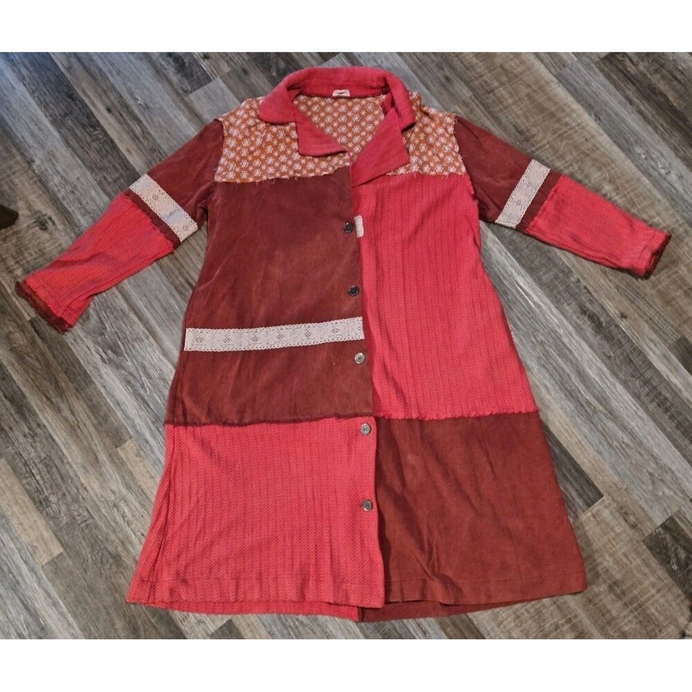 POL Red Mixed Fabric Patchwork Long Duster Cardigan Jacket Women’s Size Large